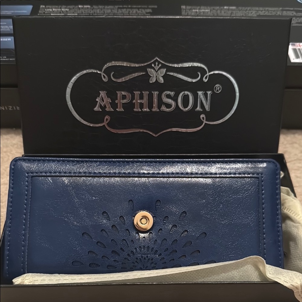 BRAND NEW Navy Blue Leather Wallet with Gold-Tone Closure by A SNAP